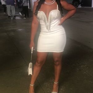 White Deep V neck Diamond Dress